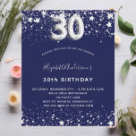 Budget 30. Geburtstag navy blauen Silber Einladung<br><div class="desc">Ein modernes,  stilvolles und glamouröses Party zum 30. Geburtstag. Ein marineblau-blauer Hintergrund,  mit Imitaten verziert,  die silberne Sterne tragen. Personalisieren Sie Ihren Namen und Ihre Party-Daten und fügen Sie diese hinzu. Nummer 30 wird mit einem Schriftart im Ballonstil geschrieben.</div>