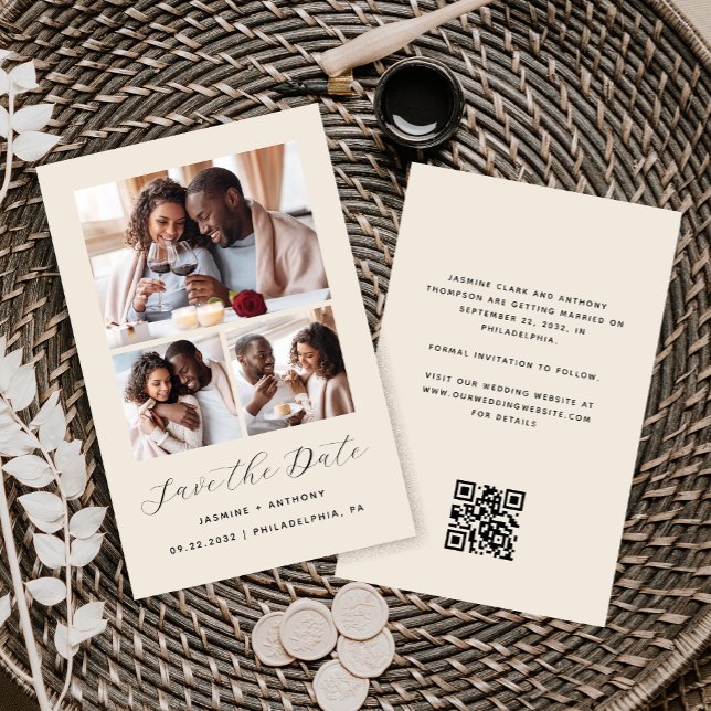 Budget 3-Foto Collage Beige Save the Date (Von Creator hochgeladen)