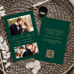 Budget 3-Foto Collage Green QR Code Save the Date
