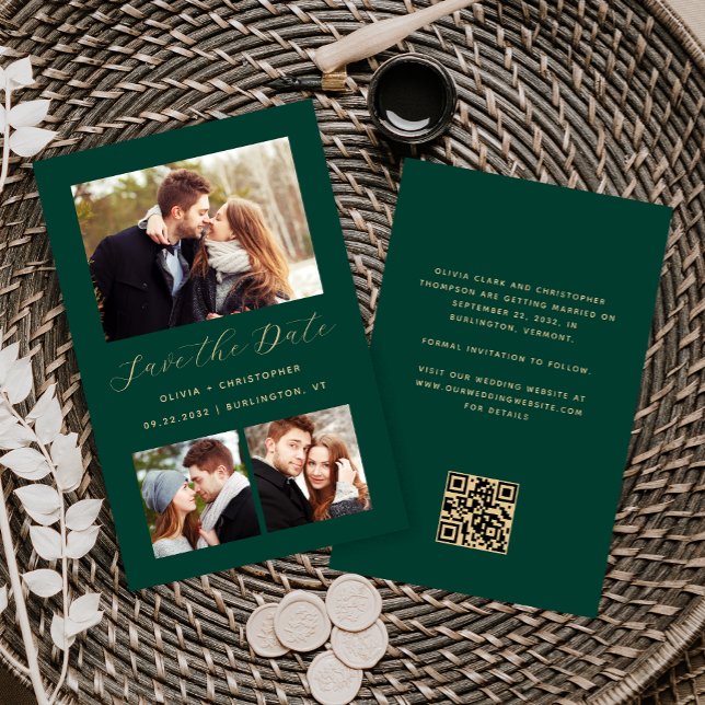 Budget 3-Foto Collage Green QR Code Save the Date (Von Creator hochgeladen)