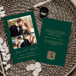 Budget 3-Foto Collage Green QR Code Save the Date
