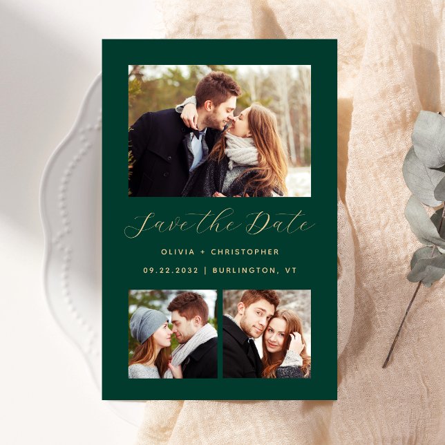 Budget 3-Foto Collage Green Save the Date (Von Creator hochgeladen)