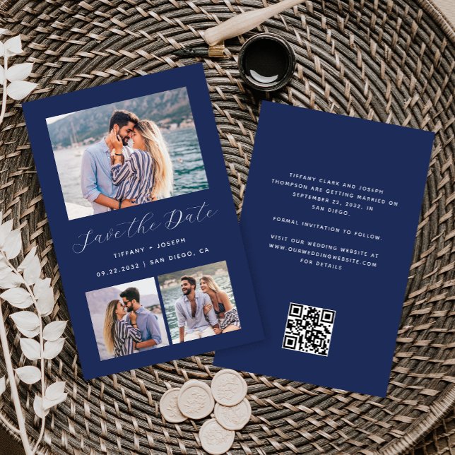 Budget 3 Foto Navy Blue QR Code Save the Date (Von Creator hochgeladen)