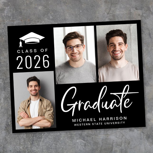 Budget 3 Foto Schwarzer Abschluss Ankündigung (Cherish the milestone: share your graduate's achievement with a custom photo graduation announcement)