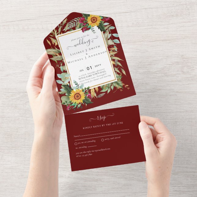 BUDGET 3in1 Burgundy Sunflowers Wedding RSVP All In One Einladung (Abreißen)