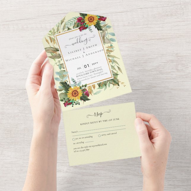 BUDGET 3in1 Burgundy Sunflowers Wedding RSVP All In One Einladung (Abreißen)