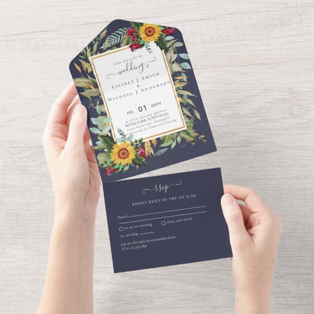 BUDGET 3in1 Burgundy Sunflowers Wedding RSVP All In One Einladung (Abreißen)