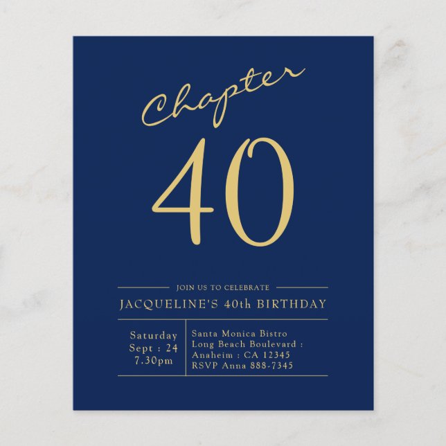 Budget 40. Geburtstag Einladung Navy Blue Flyer (Vorne)