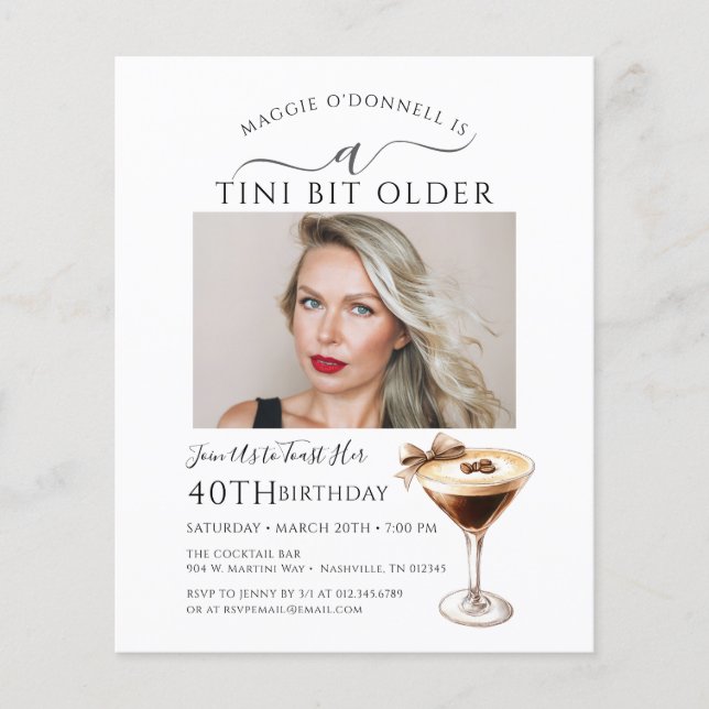 BUDGET 40. Geburtstag Party Foto Martini Einladung (Vorderseite)