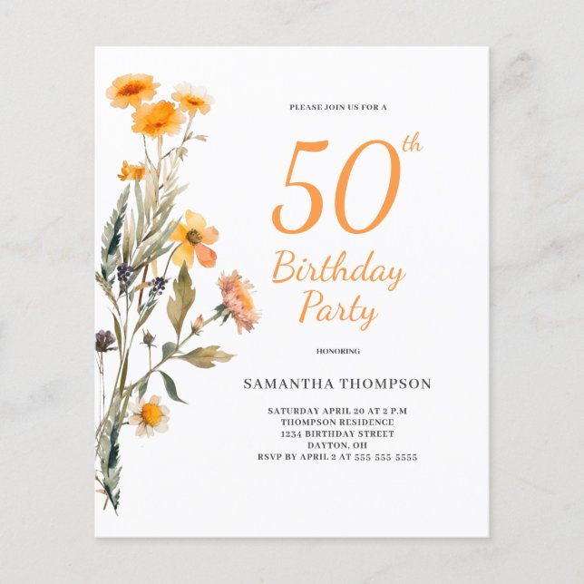 Budget 50. Geburtstag Blumenladen Wildblume Flyer (Vorne)