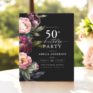 Budget 50. Geburtstag Burgund Floral Einladung