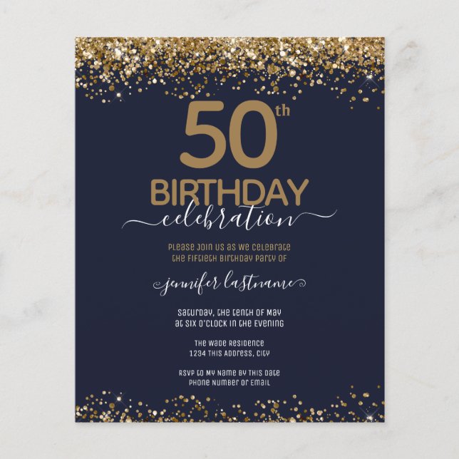 Budget 50. Geburtstag Glitzer Einladung Flyer (Vorne)