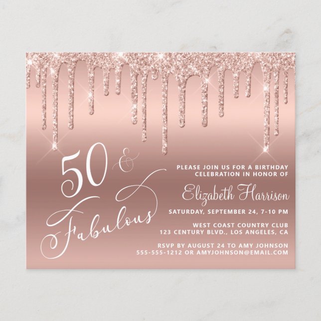 Budget 50. Geburtstag Glitzer Rose Gold Einladung Flyer (Vorne)