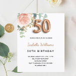 Budget 50. Geburtstag Rose Gold Eukalyptus floral<br><div class="desc">Eine elegante Einladung zu einer 50. Geburtstagsfeier. Ein schick weißer Hintergrund. Dekoriert mit einer Rose Gold und rot rosa Rose Blume, florale, grüne Eukalyptus Blätter, Sprigs, Grün und Imitat Goldsprigs. Personalisieren und Name und Party Details. Schwarze und goldene Buchstaben. Der Name ist mit einem modernen handgeschriebenen Stilskript geschrieben. Nummer 50...</div>