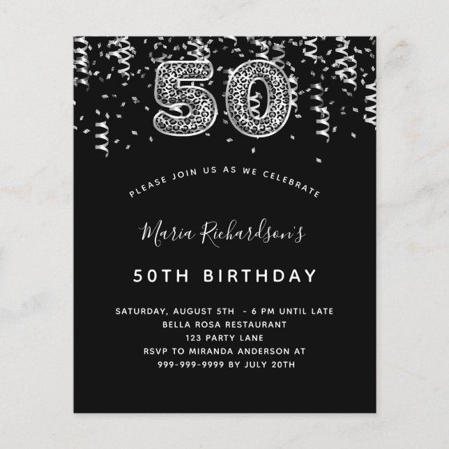 Budget 50. Geburtstag schwarz silber Leoparden Par (Vorderseite)