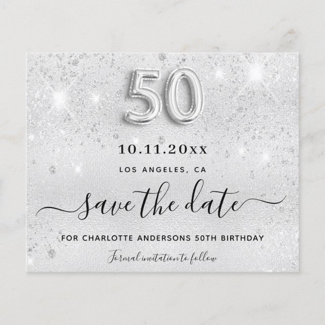 Budget 50. Geburtstag Silber Glitzer Save the Date (Vorderseite)