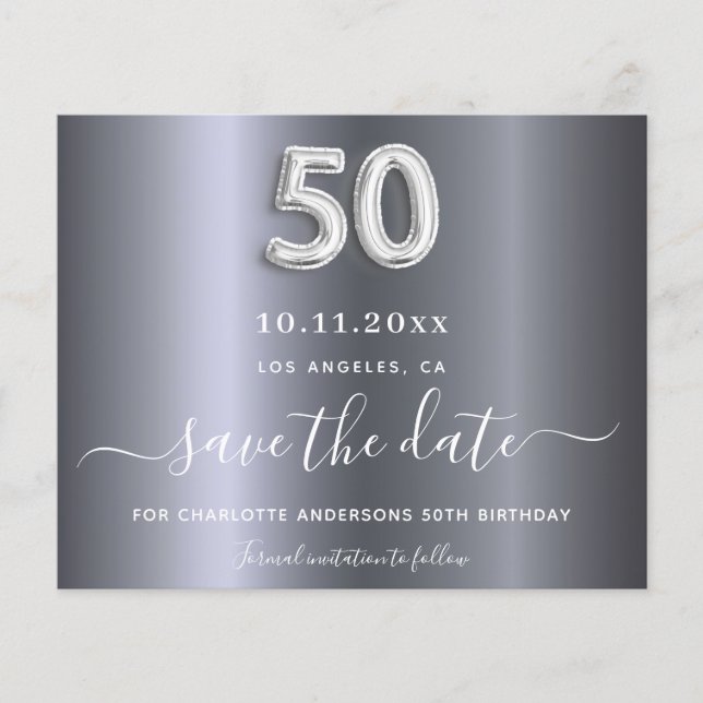 Budget 50. Geburtstag Silbermetall Save the Date (Vorderseite)