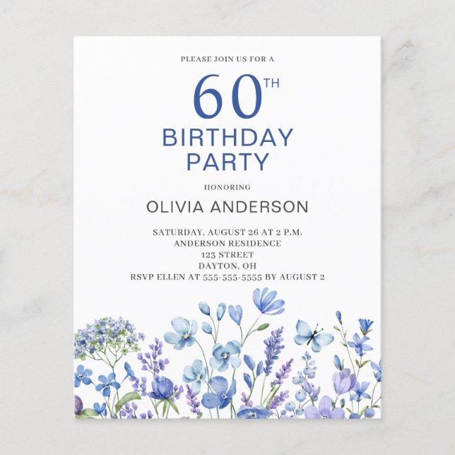 Budget 60. Geburtstag Blauer Flora Einladung Flyer (Vorne)