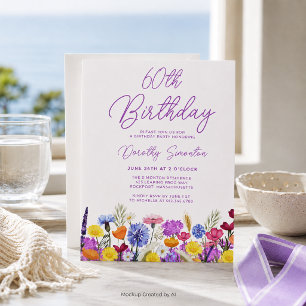 BUDGET 60. Geburtstag Lila Wildblumen-Einladung