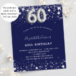 Budget 60. Geburtstag navy blauen Silber Einladung<br><div class="desc">Eine moderne,  stilvolle und glamouröse Einladung zu einer 60. Geburtstagsfeier. Ein marineblau-blauer Hintergrund,  mit Imitaten verziert,  die silberne Sterne tragen. Personalisieren Sie Ihren Namen und Ihre Party-Daten und fügen Sie diese hinzu. Nummer 60 wird mit einem Schriftart im Ballonstil geschrieben.</div>
