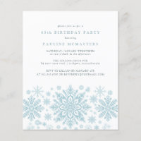 BUDGET 65. Geburtstag Blaue Snowflake Einladung