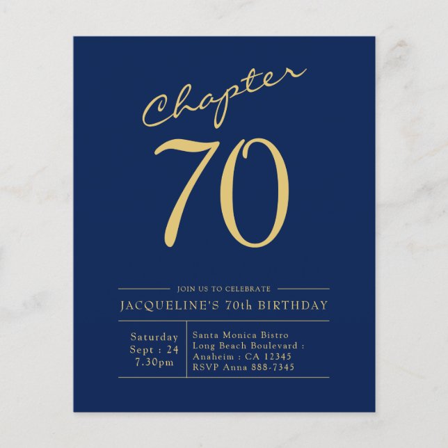 Budget 70. Geburtstag Einladung Navy Blue Flyer (Vorne)