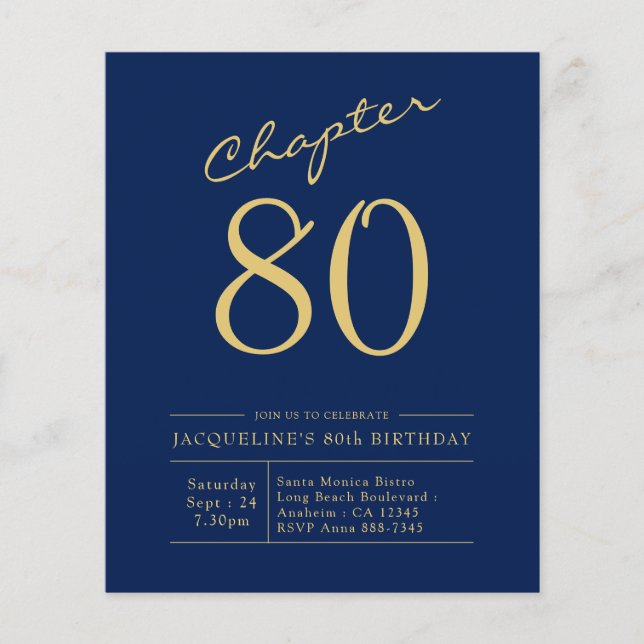 Budget 80. Geburtstag Einladung Navy Blue Flyer (Vorne)