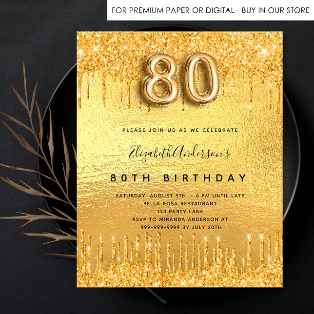 Budget 80. Geburtstagsparty Gold Glitzer Einladung (Von Creator hochgeladen)