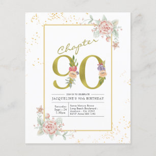 Budget 90. Geburtstag Floral Gold Schrift Einladun Flyer