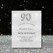 Budget 90. Geburtstag Silber Glitzer Einladung