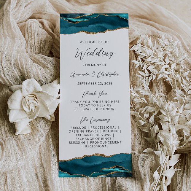 Budget Agate Aquamarin Blue Gold Hochzeitsprogramm Werbekarte (Von Creator hochgeladen)