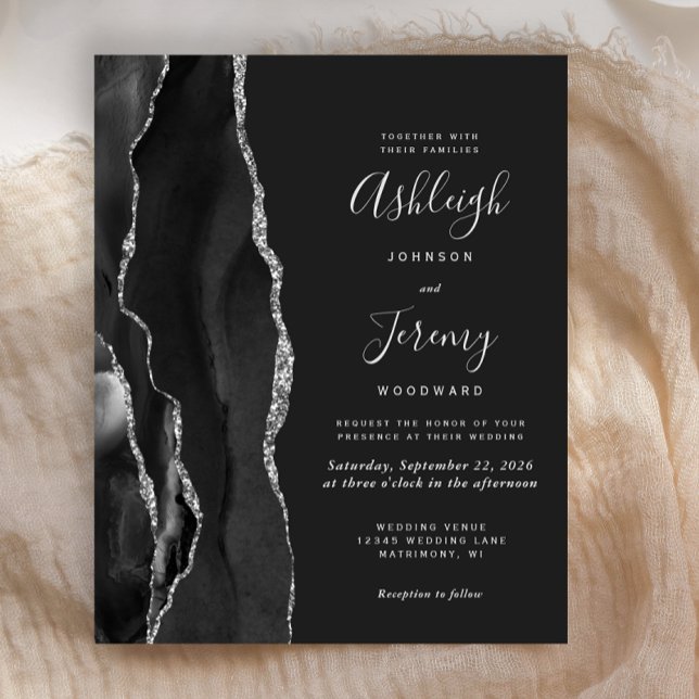 Budget Agate Black Silver Dark Wedding Einladung (Von Creator hochgeladen)