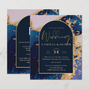 Budget Agate Blue Gold Wedding Einladung QR Code U