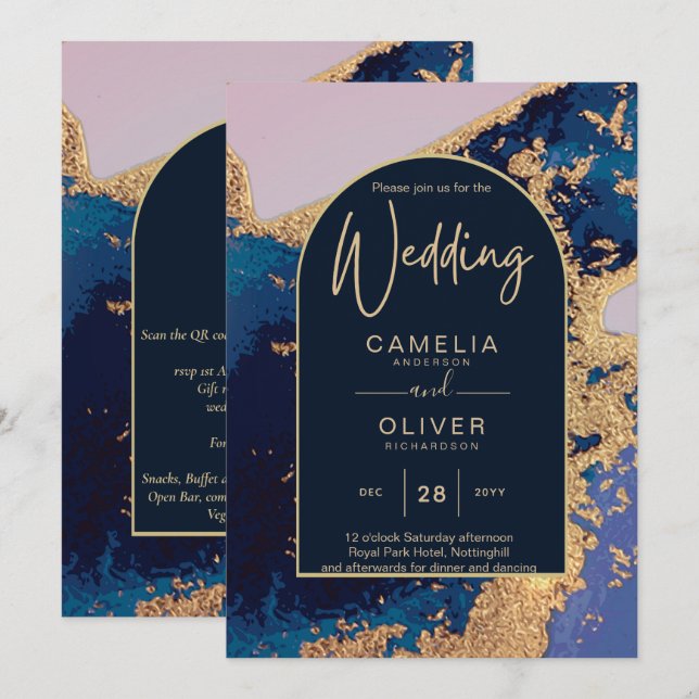 Budget Agate Blue Gold Wedding Einladung QR Code U (Vorne/Hinten)
