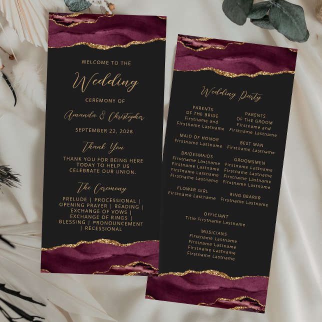 Budget Agate Burgundy Gold Dark Wedding Program Werbekarte (Von Creator hochgeladen)
