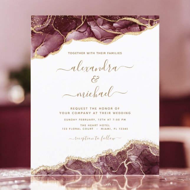 Budget Agate Burgundy Gold Wedding Einladung (Von Creator hochgeladen)