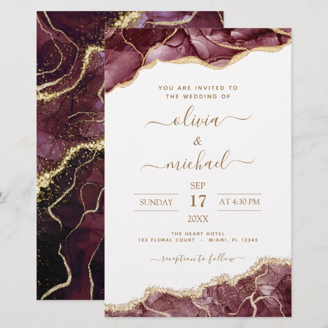 Budget Agate Burgundy Gold Wedding Einladung Flye (Vorne/Hinten)