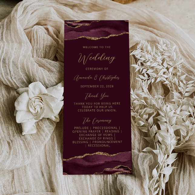 Budget Agate Burgundy Gold Wedding Program Werbekarte (Von Creator hochgeladen)