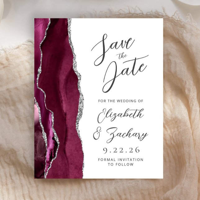 Budget Agate Burgundy Silver Script Save the Date (Von Creator hochgeladen)