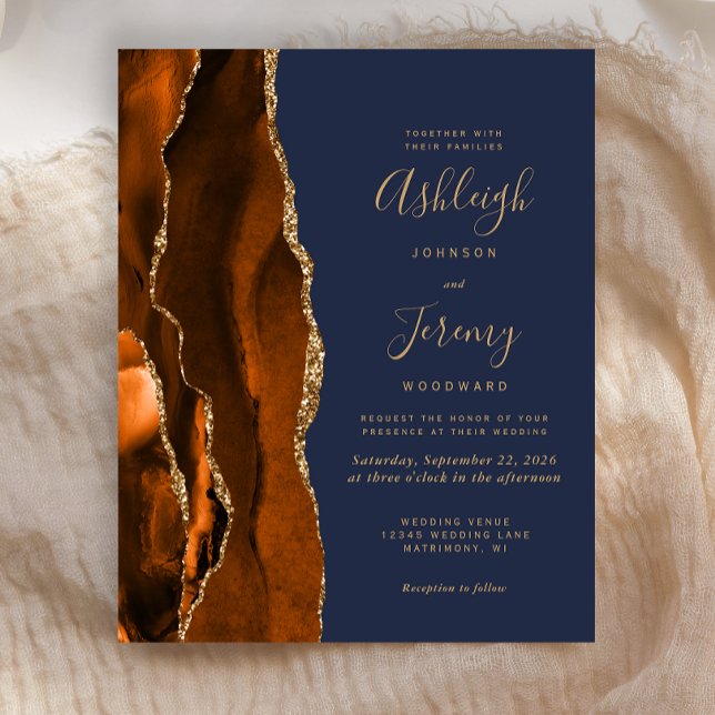 Budget Agate Burnt Orange Blue Wedding Einladung (Von Creator hochgeladen)