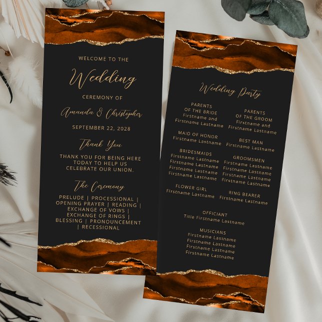 Budget Agate Burnt Orange Dark Wedding Program Werbekarte (Von Creator hochgeladen)