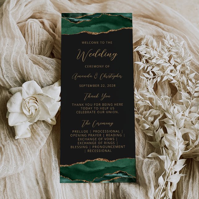 Budget Agate Emerald Green Dark Wedding Program Werbekarte (Von Creator hochgeladen)