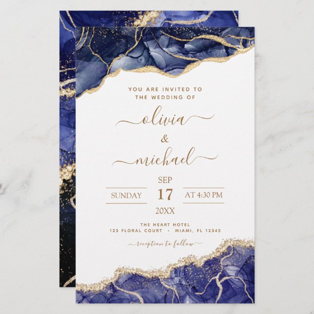 Budget Agate Navy Blue Gold Blue Wedding (Vorne/Hinten)