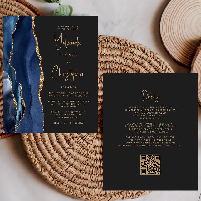 Budget Agate Navy Blue Gold Dark QR Code Hochzeit (Von Creator hochgeladen)