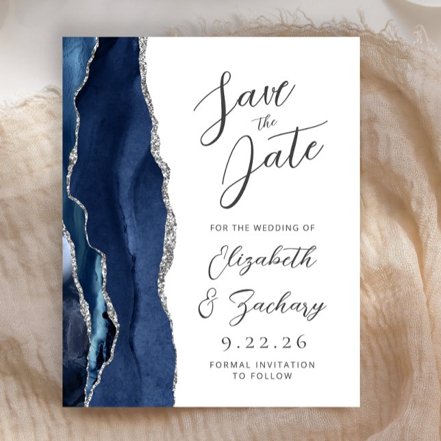 Budget Agate Navy Blue Silver Script Save the Date (Von Creator hochgeladen)