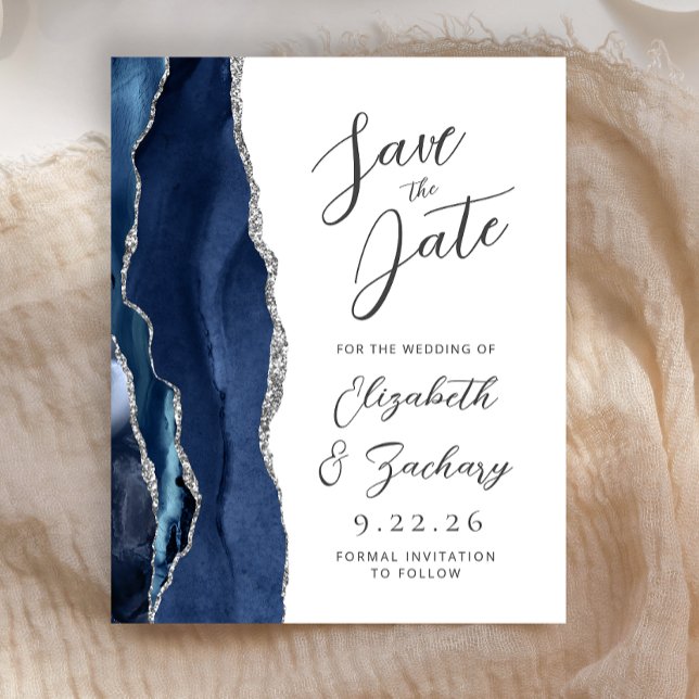 Budget Agate Navy Blue Silver Script Save the Date (Von Creator hochgeladen)