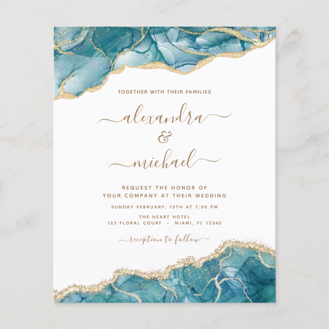 Budget Agate Turquoise Aquamarin Gold Hochzeit Flyer (Vorne)