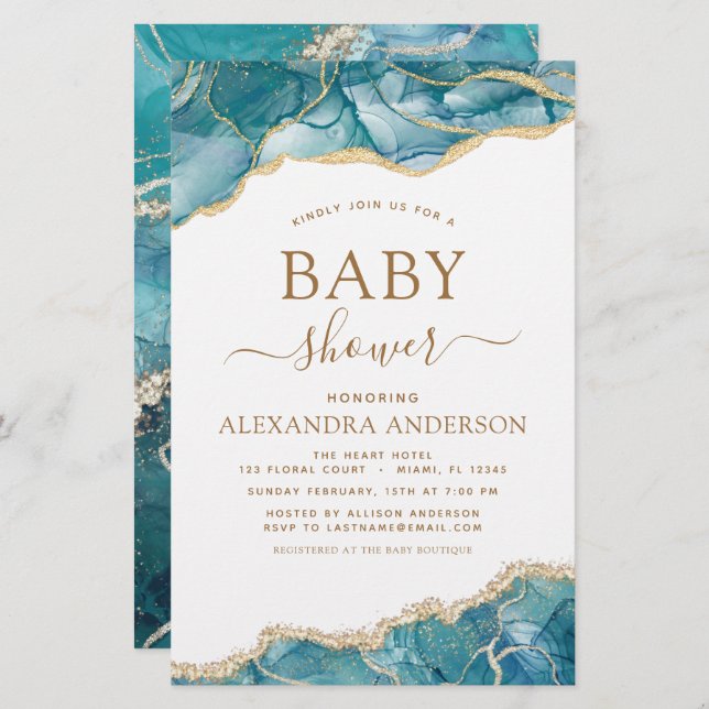 Budget Agate Turquoise Baby Dusche Aquamarin Gold (Vorne/Hinten)