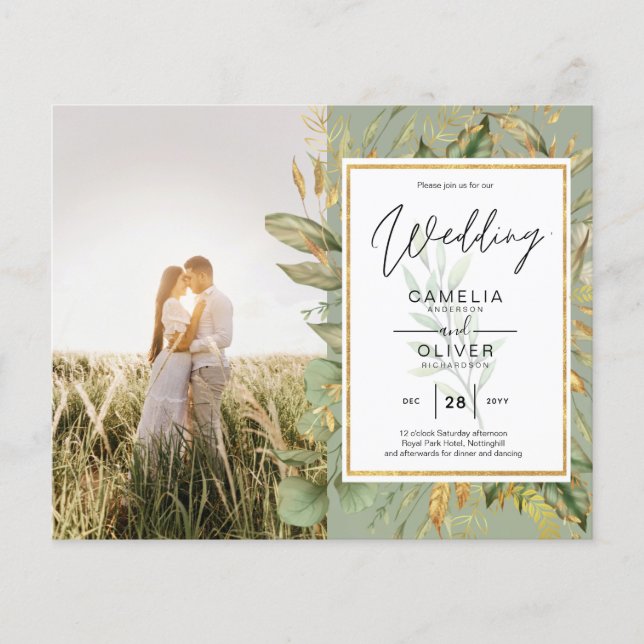 Budget All-in1 FOTO Greenery Wedding RSVP QR CODE Flyer (Vorne)