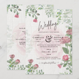 Budget All-in-1 Dusty Pink Roses Floral Wedding Einladung